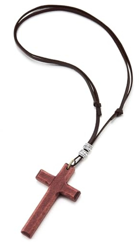 COOLSTEELANDBEYOND Sladd läder halsband med träkors, herr dam, mörkbrun sladd läder justerbar