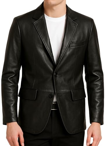 TRESSANO Giacca da uomo in pelle marrone e nera, slim fit, in vera pelle, per ufficio, lavoro, abbigliamento casual e formale, nero, Large