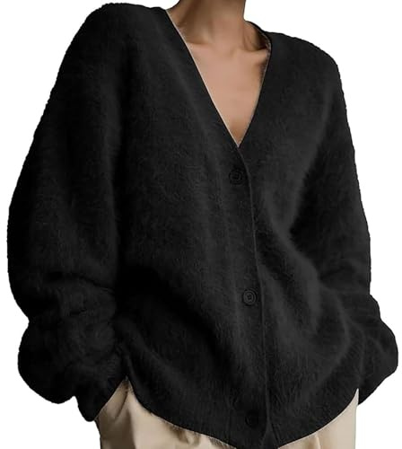 Strickjacke Damen Herbst Kaschmir Pullover - Flauschiger Cardigan Wolle Strickjacken mit Knöpfen Plüsch Offene Vorderseite Gestrickt Einfarbig Weich Kurz Winter Jacke Pullover Mohair Angora Schwarz