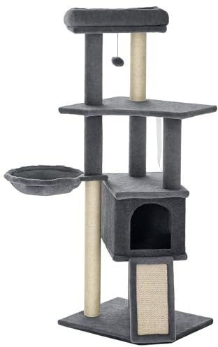 PawHut Árbol Rascador para Gatos, Árbol para Gatos 127 cm, Torre Escalador con Cueva, Hamaca, Cama, Plataformas, Rampa de Sisal, Bola Colgante, Gris