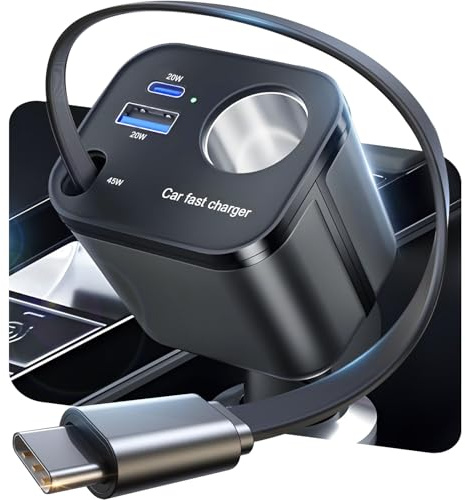 4 IN 1 Zigarettenanzünder USB C Verteiler-【2026 Super Kompakt】 145W Auto Ladegerät 24/12V KFZ Ladegerät mit Einziehbare Kabel, Mini USB Adapter Auto Schnellladegerät Steckdose für iPhone 17 Pro Max