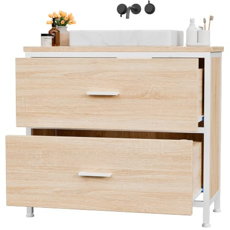 ELUCHANG Mobile sotto lavabo, Mobile Sottolavabo per Bagno slim 60x30x60cm con 2 cassetti, Mobile in legno MDF E1 e metallo, Antiacqua e antimuffa, Ideale per bagno piccolo e WC ospiti, Rovere/Bianco