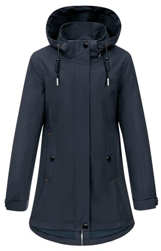 CMTOP Chaqueta Mujer Entretiempo Softshell Impermeable, Chaquetas Mujer Larga Cortavientos con Capucha Desmontable, Parka Abrigo Ligera con Bolsillos para Primavera y Otoño(azul marino,XXL)