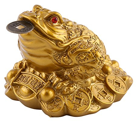 Walfront Lucky Money Frog Toad Feng Shui Toad Treasure Basin Statue with Coin Golden Chinese Frog Attract Wealth and Good Luck (65×60×50mm-Brass)