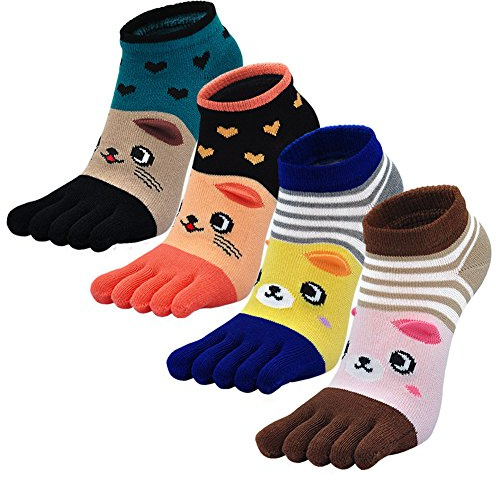 PUTUO Calcetines de Dedos Separados para Mujer - Tobilleros Deportivos con Diseños Divertidos de Animales - 4 Pares