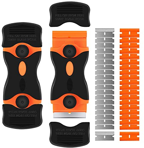 2PCS Double-Edged Razor Blade Scraper,Paint Plastic Window Scraper Tool,Multi-Purpose Cleaning Razor Glass Scraper for Labels, Caulk,Stickers, Paint Removal(20Pcs Plastic Blades &20Pcs Metal Blades)
