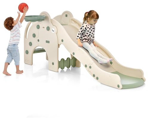 COSTWAY Scivolo per Bambini Forma di Elefante, 4 in 1 Scivolo con Canestro da Basket e Pallone, Scalini Antiscivolo, Set di Giocattoli Scivolo per Bambini 18 Mesi+(Verde)