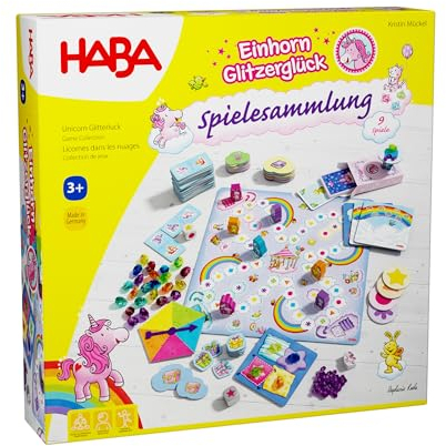 HABA Einhorn Glitzerglück Spielesammlung – 9 in 1 Spiele Set: Würfel-, Brett- & Kartenspiele für Kinder ab 3 Jahren – Einfach erklärt, für 2-4 Spieler – 2010879001
