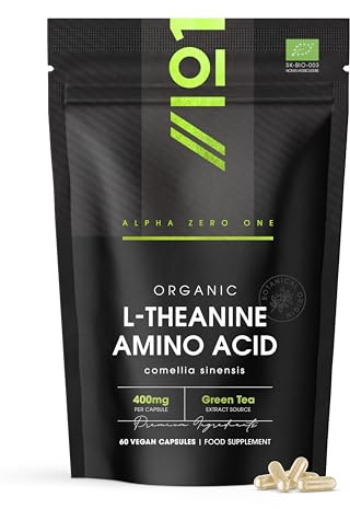 Organic L-Theanine 400mg from Green Tea Extract - 60 Vegan Capsules (2 Months Supply) - High Strength Theanine Amino Acid Supplement - by Alpha01