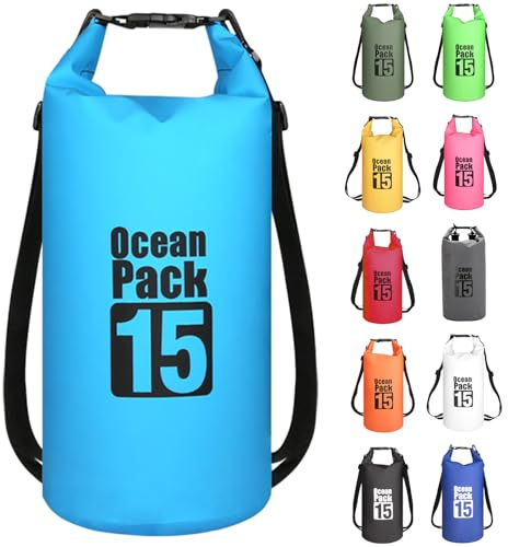 MORAINJAY 15L Borsa Impermeabile,Azzurro Waterproof Zaino Impermeabile Sacco Impermeabile con Tracolla Regolabile,2L/5L/10L/15L/20L/30L Dry Bag per Outdoor Sport Acquatici,Barca, Pesca, Rafting, Nuoto