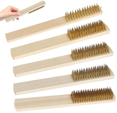 5 Piezas Cepillos de Alambre, Cepillo Metálico con Alambre Ondulado Latón, Cepillo de Alambre de Latón con Mango, Cepillo Mango de Madera para Limpieza/Decapado/Pintura/Óxido/Abrasivo