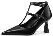 QUEEN HELENA Décolleté T-Bar a Punta Chiusa Scarpe Basse Eleganti Donna K3419 (Nero Pu, Sistema Taglie Calzature EU, Adulto, Donna, Numero, Media, 36)