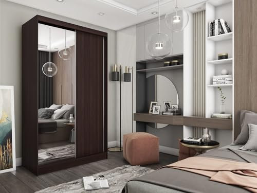 AGMAT-FURNITURE Schwebetürenschrank Prato, Kleiderschrank mit 2 Türen und Spiegel, Moderne Garderobe in Farbe: Wenge, Schrank in Größe: 120 x 216 x 61 cm