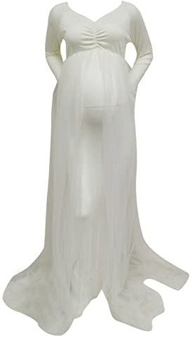 Donna Maternità Manica Lunga Fotografia Vestito Incinta Abito Da Sera Elegante Solido Tulle Abiti Da Ballo, Da Donna Lungo Principessa Puntelli Abito Con Pieghe In Seminterrato, bianco, XL