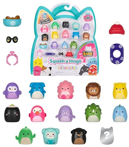 Squish-a-longs SQAL0088-Confezione da 14 pezzi, contiene 14 x 2,5 cm Mini quish con 4 accessori, 1 x anello e 1 x guida per collezionisti (onda 3, stile 2) da collezionare, scambiare e giocare
