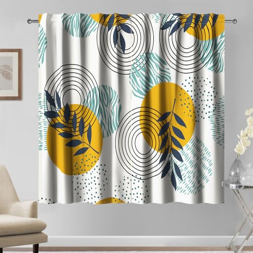 Kzzfqxb 135x229cm Tende d'arte moderna Blackout, Giallo Ocra Verde Sole Foglie di Salice Cerchio Punti Rotondi Motivi geometrici a tendaggio, 2 pannelli, Isolate dalla luce per la stanza