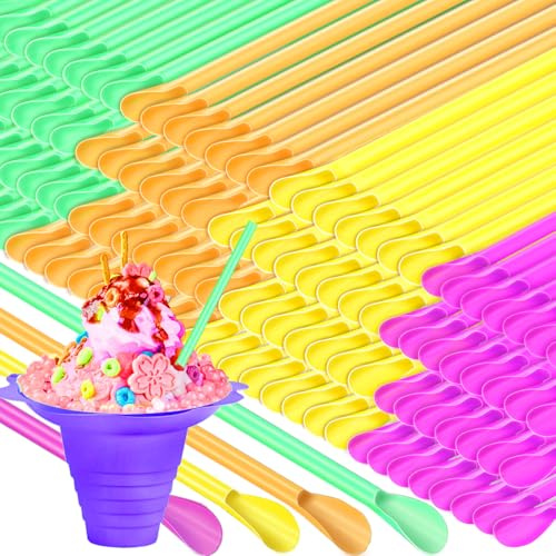 200Pcs Snow Cone Spoon Straws,Disposable Plastic 7.9 inch Drinking Scoop Straw,Milkshake Shaved Ice Sticks for Slushie Summer,Party,Birthday(Colorful)
