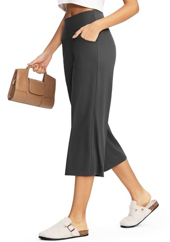 Yogaration Pantaloni Capri Donna a Gamba Larga con Tasche, Pantaloni Yoga 3/4 Vita Alta Elasticizzati, Wide Leg Trousers per Ufficio Casual Viaggio, Grigio, L