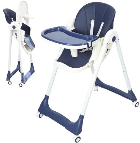 Chaise haute bébé pliable avec roulettes, chaise repas enfant réglable 5 hauteurs, siège évolutif 6 mois à 2 ans 20kg, chaise bébé voyage compacte avec ceinture sécurité, plateau amovible (Bleu)