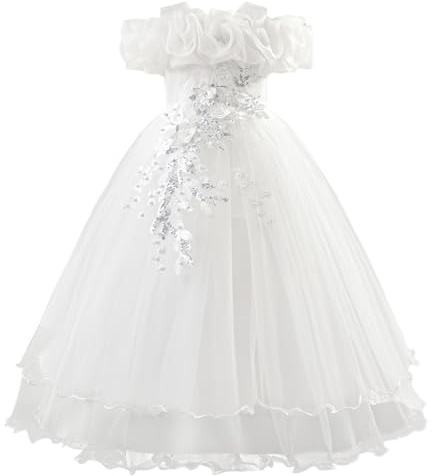 IBAKOM Robe de fille de fleurs fille festive pour mariage : robe d'été sans manches avec fleurs longue - robe de princesse en tulle pour enfants de 7 à 12 ans, Blanc., 10 ans