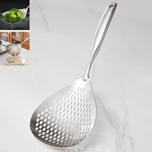 ZDFQly Extra Large Skimmer Slotted Spoon, 304 Stainless Steel Spider Strainer Spoon for Cooking and Frying, Pasta Strainer, Restaurant or Kitchen Tools