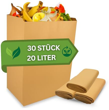 Organic Rubbish Bags Set 20 L | 20 Pieces Compostable, Tear-Resistant & Plastic-free Organic Waste Bags Made of Paper & Starch for Household and Catering