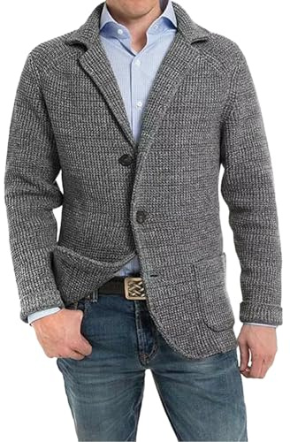 Mens Sweaters Knitted Cardigans Sweater Business Blazer Knitwear with Pockets Long Sleeve Button Down Jackets Clothes Grey M