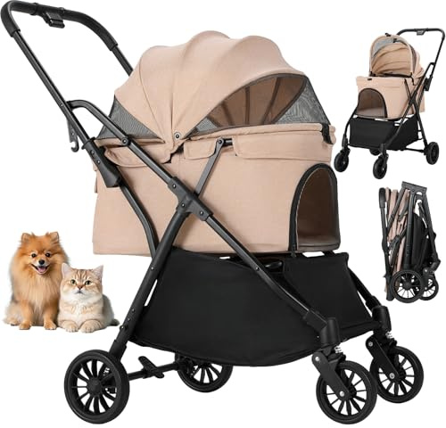 MAMIZO One-Touch Passeggino per cani, Passeggino portatile gatti, Finestra anteriore traspirante con cerniera, Gancio per appendere, 4 PCS 360°ruote, per Gatti e cani di piccola taglia, Rosa lino