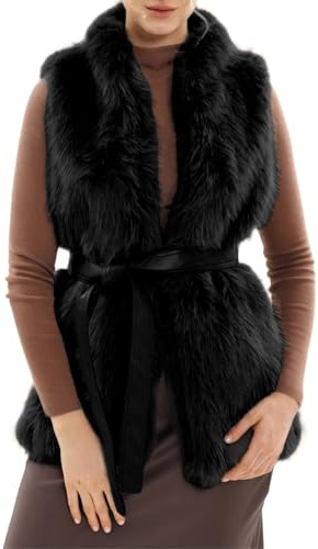 Amazhiyu Womens Faux Fur Vest Coats Open Front Sleeveless Furry Jacket with Belt Black, Small
