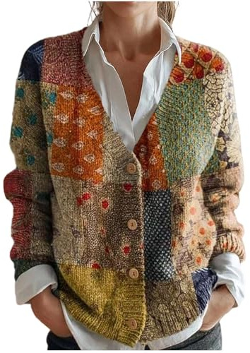 Mfhmom Womens Cardigan UK Vintage Patchwork Knitted Jacket V Neck Button Down Boho Colorful Chunky Knit Jumper Ladies Autumn Winter Warm Casual Loose Fit Coat Long Sleeve Tops Soft