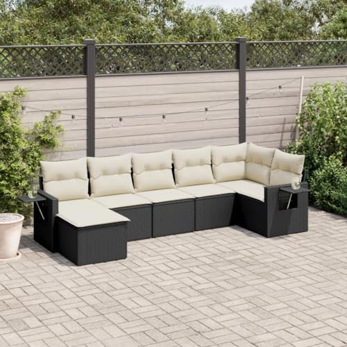 JHQHSM Set di 7 divani da giardino con cuscino in polyrattan nero, design modulare con vano portaoggetti e sacchetto impermeabile, ripiani pieghevoli, rivestimenti rimovibili, resistenti alle