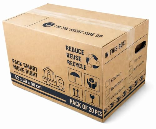BH | Large Cardboard Moving Boxes | 20-Pack | 52cm x 30cm x 30cm | 47 Litres | Strong Reusable Packing Boxes | House Moving Packing with Carry Handles and Room List Checkboxes - by Best House
