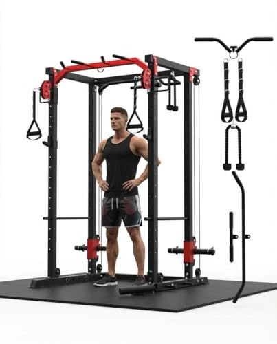 ExploreHorizon Power Cage with LAT Pulldown & Cable Crossover System, 2000LBS Multi-Functional Power Rack, All-in-1 Weight Cage Home Gym with Adjustable Pulley System, Squat Rack for Garage, Home