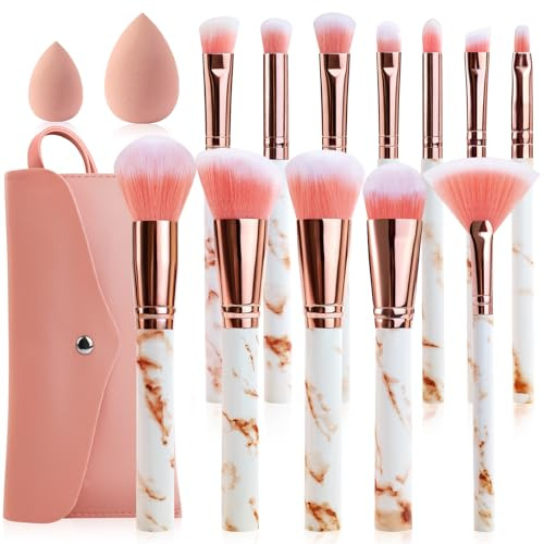 Set Pennelli Make Up Marmo Rosa 12 Pezzi con 2 Spugnette e Pochette - Pennelli Trucco Professionali in Setole Sintetiche Premium e Ipoallergenici per Fondotinta, Correttore, Cipria, Fard e Ombretto