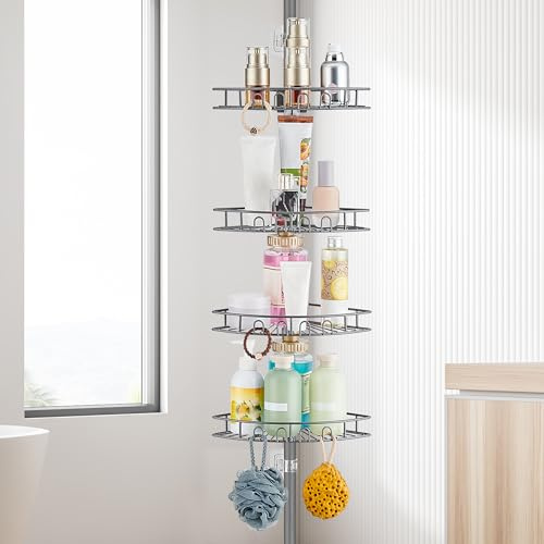 ASKLUND Etagere Douche Telescopique Rangement Salle de Bain Angle Sans Percage Acier Inoxydable avec 4 Paniers, Réglable en Hauteur 85-325cm, pour la Baignoire, Douche et Cuisine, Gris