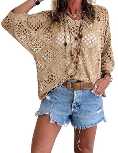 Top De Ganchillo Beige De Inspiración Bohemia para Mujer con Cuello En V, Nuevos Tops Sexys De Ganchillo De Manga Larga para El Verano 2026, Jersey De Manga Corta con Aberturas