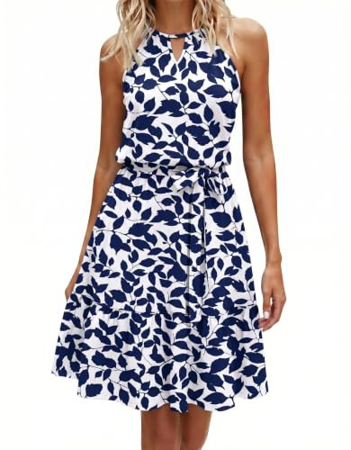 Zeagoo Vestido de Verano para Mujer Sin Mangas con Cuello Halter Vestidos Informal Vestido con Bolsillos Elegante Vestidos Invitada Estampado de Hojas Azules L