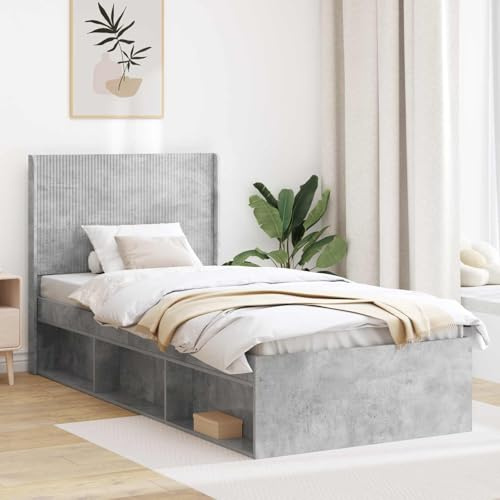 Ziaphsol Huvudgavel betonggrå trämaterial för sängram med vertikal lamelldesign, enkel installation, hållbar fotkonstruktion, lämplig för sovrum, gästrum, ungdomsrum, dubbelsäng