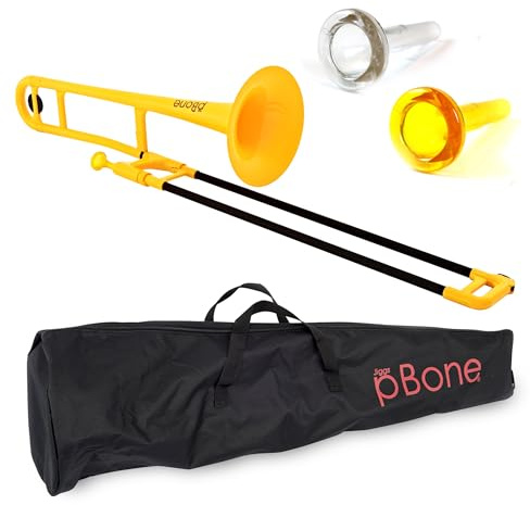 Trombón pBone, Trombón de plástico ABS (tubos portaobjetos de fibra de vidrio, campana de 8, diámetro interior de 12,7 mm, boquilla de plástico con caña estrecha, bolsa incluida), Amarillo