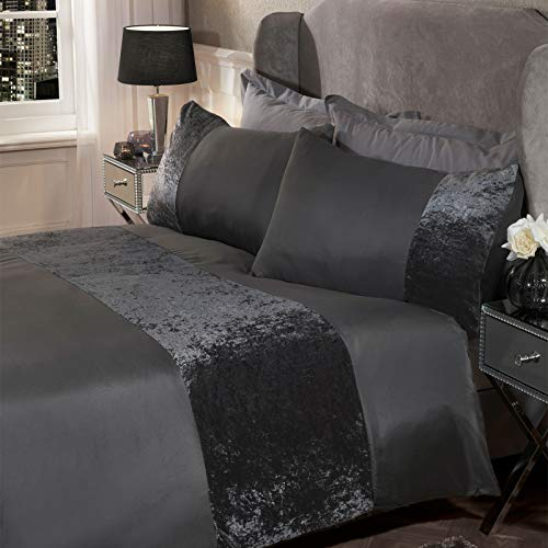 Sienna King Size Duvet Cover Set, Super Soft Warm Luxurious Crushed Velvet Band Design King Size Quilt Cover Set Stylish Bedding with Pillowcases, Charcoal Grey