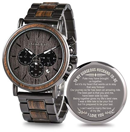 2win Engraved Personalized Wooden Watch for Boyfriend My Man Fiancé Husband Customized Wooden Watches for Men Personalized Watch (B-for-Husband)
