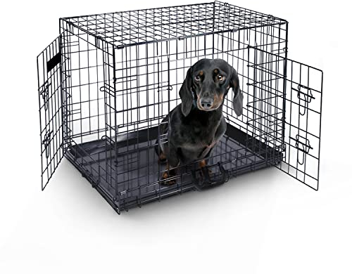 Furdreams 24-Inch Dog Cage Crate – Heavy Duty Black Metal Folding Crate with 2 Doors (Front & Side), Chew-Resistant Plastic Base Tray, and Carrier Handle – Ideal for Puppy Training (60 x 45 x 50cm)