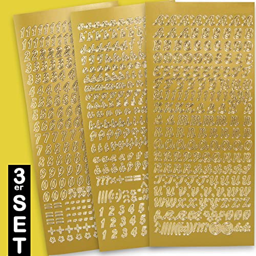 WIKAKERZEN Sticker Buchstaben-Set Groß- und Kleinbuchstaben mit Zahlen zum Beschriften von glatten Flächen wie Kerzen zur Taufe Kommunion oder Hochzeit (Schriftart Schräg, Gold)