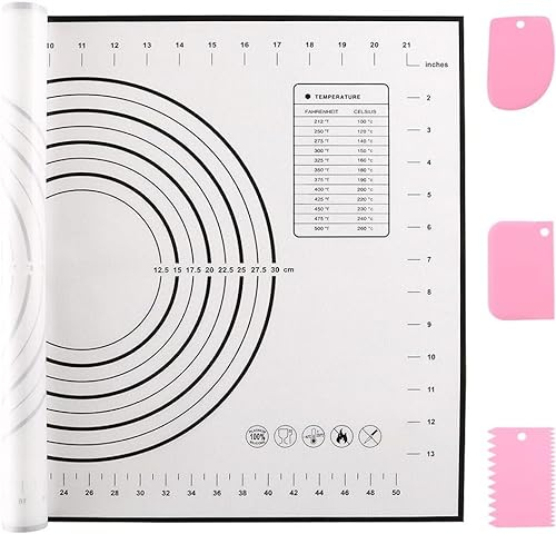 Miorkly Backmatte Groß Teigmatte 60x40cm, Silikonmatte Baking Mat Rutschfeste, Antihaftbeschichtete Backunterlage mit Messung,für Fondant Gebäck Pizza, BPA Frei(Schwarz+3Pcs Schaber)