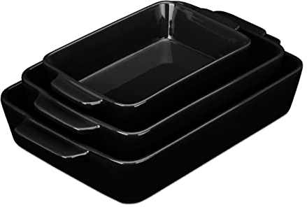 Relaxdays Set da 3 Teglie in Ceramica, Pirofile Rettangolari, per Forno, Frigo, Lavastoviglie, Lasagne, con Manici, Nero
