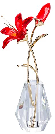Kristalllilien-Blumenfigur mit Vase, handgefertigtes Glas rote Lilium Blumen Sammlerstück Geschenke für Frauen, Hochzeitsgeschenke für Paare Zuhause Party Ornament (Rote Lilie)