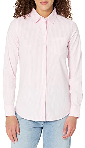 Amazon Essentials Women's Regular Fit Long Sleeve Button Down Stretch Oxford Shirt (Available in Plus Size), Light Pink White Stripes, M
