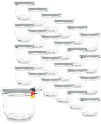 Flaschenbauer 24er Set Premium Sturzgläser 230 ml – Vielseitige Marmeladengläser & Einmachgläser mit farbigem Twist-Off-Deckel, inklusive Etiketten. Ideal für Suppen, Dips, Tee, Kräuter (Weiß)