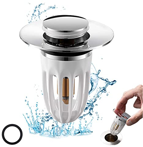 Waschbeckenstöpsel mit Haarsieb, XiXiRan Universal Pop Up Abflusssieb Ablaufgarnitur für Waschbecken, Abflussstopfen - Edelstahl-Rückprall Kern Push-typ für Küche Bad (Ø 33-40mm)