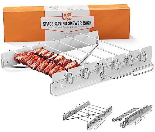 Yukon Glory Kabob Skewer Rack, Stainless Steel Rotating Shish Kebab Skewers Set, Collapsible Kabob Holder for Grill, Dishwasher Safe, 6 Metal Skewers